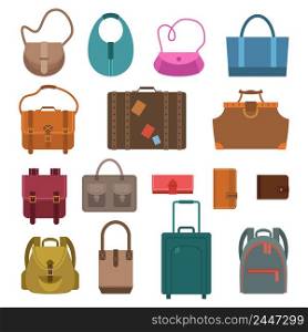 Women fashion and luggage bags colored icons set isolated vector illustration.