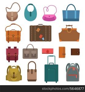 Women fashion and luggage bags colored icons set isolated vector illustration.