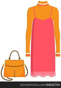 Women fashion color set with dress and handbag isolated vector illustration elements of womens wardrobe clothes and accessories. Bag and sheath dress, stylish look for young girl. Women fashion color set with dress and handbag isolated illustration elements of womens wardrobe