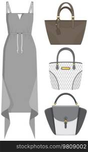Women fashion color set with dress and handbag isolated vector illustration elements of womens wardrobe clothes and accessories. Bag and sheath dress, stylish look for young girl. Women fashion color set with dress and handbag isolated illustration elements of womens wardrobe