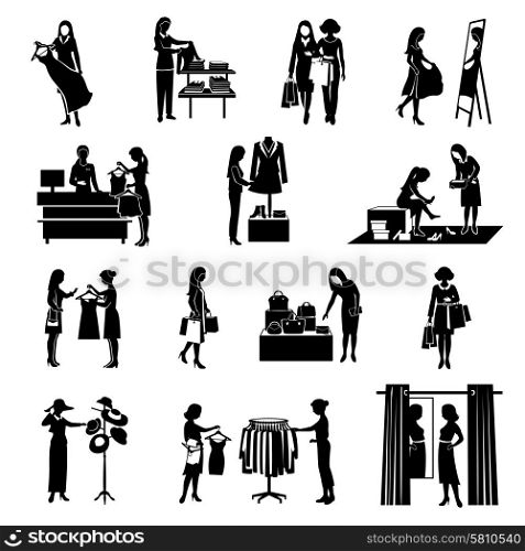 Women fashion shopping black silhouettes icons set isolated vector illustration. Women Shopping Black Icons Set
