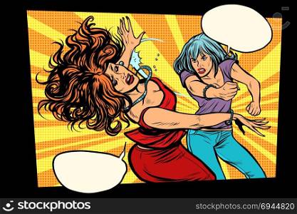 Women fight, Street violence, beating shot. Pop art retro vector illustration drawing. Women fight, Street violence, beating shot