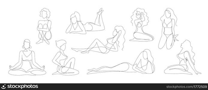 Women figure. Continuous line silhouette of female body in different poses. Black and white girls in swimsuit sitting or lying on beach. Person meditating in yoga posture. Vector linear sketches set. Women figure. Continuous line silhouette of female body in different poses. Person meditating in yoga posture. Girls in swimsuit sitting or lying on beach. Vector linear sketches set
