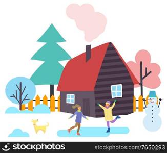 Women fire skating on ice rink by house. Home with chimney and smoke. Frosty day in rural area. Snowman sculpture with carrot nose. Pine trees and fence by building. Household vector in flat. People Ice Skating, Women Playing by House Winter