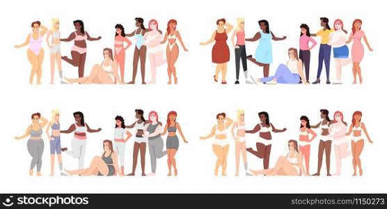 Women flat vector illustrations set. Body positive. Thin and plus size figure. Struggle for equality and feminism. Smiling ladies of different nationalities isolated cartoon characters