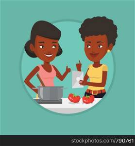 Women following recipe for healthy vegetable meal on digital tablet. Women cooking healthy meal. Women having fun cooking together. Vector flat design illustration in the circle isolated on background. Women cooking healthy vegetable meal.