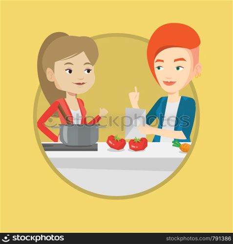 Women following recipe for healthy vegetable meal on digital tablet. Women cooking healthy meal. Women having fun cooking together. Vector flat design illustration in the circle isolated on background. Women cooking healthy vegetable meal.