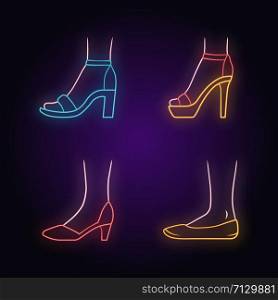 Women formal shoes neon light icons set. Female elegant high heels footwear. Stylish ladies classic pumps, ballerinas, ankle strap sandals, stilettos. Glowing signs. Vector isolated illustrations