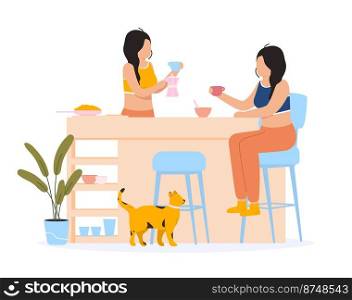 Women friends chatting at breakfast at home. Young female characters sitting at table in kitchen and drinking cup of coffee and having meal. People having spend cozy time together vector illustration. Women friends chatting at breakfast at home. Young female characters sitting at table in kitchen and drinking cup of coffee