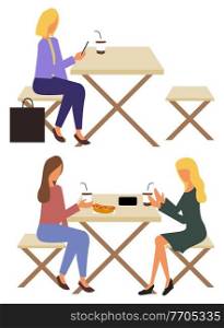 Women friends eating street food vector, wooden benches eatery. Character drinking coffee with hot dog meal. Lady looking at smartphone screen weekends. People Eating and Drinking Beverages on Street