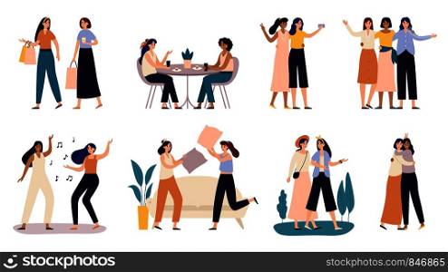 Women friends. Girlfriends spend time together, walking with friend and young girls pillow fighting. Powerful women standing, dancing and friendship hugging vector illustration set. Women friends. Girlfriends spend time together, walking with friend and young girls pillow fighting vector illustration set
