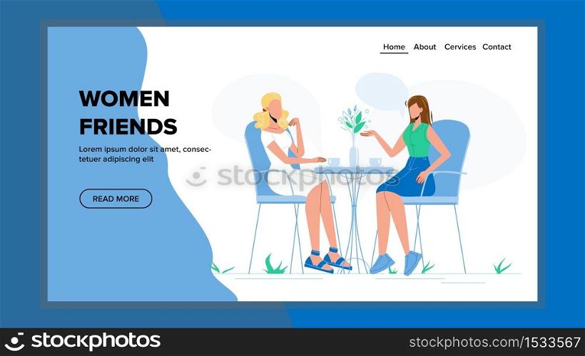 Women Friends Meeting And Breakfast In Cafe Vector. Young Women Friends Relaxation In Restaurant. Drink Cups and Flower Vase On Table. Characters Communication Web Cartoon Illustration. Women Friends Meeting And Breakfast In Cafe Vector