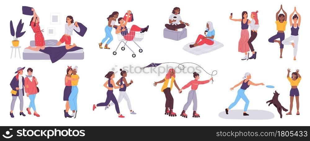 Women friends spend time together, female friendship concept. Happy girl friends having sleepover, hugging, taking selfie vector set. Characters doing shopping, playing frisbee with dog. Women friends spend time together, female friendship concept. Happy girl friends having sleepover, hugging, taking selfie vector set