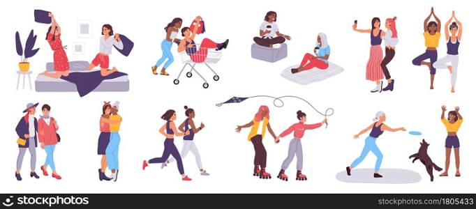 Women friends spend time together, female friendship concept. Happy girl friends having sleepover, hugging, taking selfie vector set. Characters doing shopping, playing frisbee with dog. Women friends spend time together, female friendship concept. Happy girl friends having sleepover, hugging, taking selfie vector set