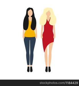 Women friends stand isolated on a white background. Cartoon vector illustration, flat design.. Women friends stand isolated on a white background. Cartoon vector illustration, flat design