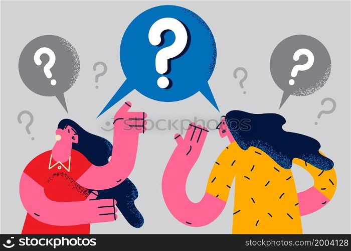 Women friends talk chat feel confused frustrated have misunderstanding in communication. Females speak suffer from cultural or language differences. Conversation problem. Vector illustration. . Women talk feel confused have misunderstanding in communication