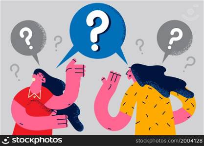 Women friends talk chat feel confused frustrated have misunderstanding in communication. Females speak suffer from cultural or language differences. Conversation problem. Vector illustration. . Women talk feel confused have misunderstanding in communication