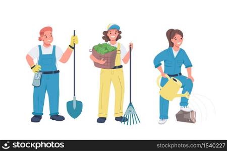 Women gardening flat color vector detailed characters set. Hard working cheerful women. Female doing agricultural work isolated cartoon illustration for web graphic design and animation. Women gardening flat color vector detailed characters set.