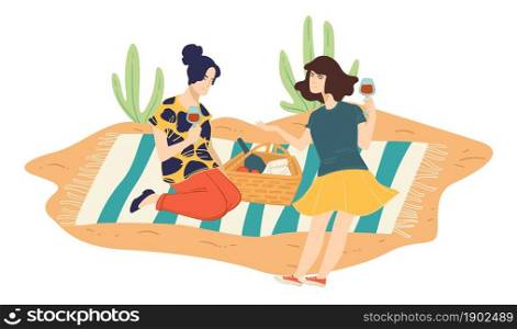 Women gathered on picnic drinking wine and eating fruits. Friends meeting, ladies sitting on blanket surrounded by nature and communicating. Girls discussing news and events. Vector in flat style. Female friends on picnic in park drinking wine