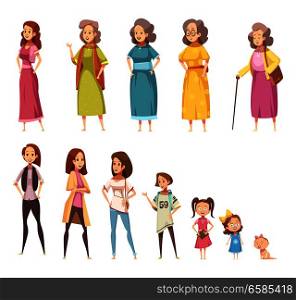Women generation flat colored icons set of all age categories from infancy to maturity isolated cartoon vector illustration. Women Generation Decorative Icons Set