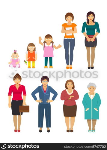 Women generation growing stages flat avatars set isolated vector illustration