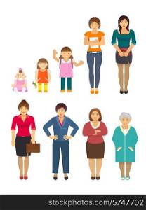 Women generation growing stages flat avatars set isolated vector illustration