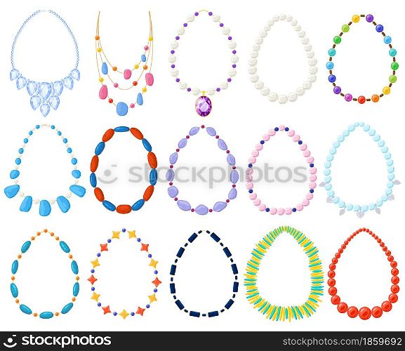 Women gold, silver, pearl jewel beads and necklaces. Cartoon women necklace, gold, silver, pearl, amber and turquoise bead vector illustration set. Jewel precious necklaces colored decoration gemstone. Women gold, silver, pearl jewel beads and necklaces. Cartoon women necklace, gold, silver, pearl, amber and turquoise beads vector illustration set. Jewel precious necklaces
