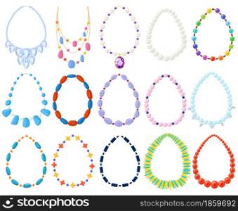 Women gold, silver, pearl jewel beads and necklaces. Cartoon women necklace, gold, silver, pearl, amber and turquoise bead vector illustration set. Jewel precious necklaces colored decoration gemstone. Women gold, silver, pearl jewel beads and necklaces. Cartoon women necklace, gold, silver, pearl, amber and turquoise beads vector illustration set. Jewel precious necklaces