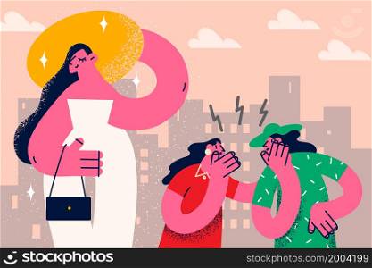 Women gossip about successful rich friend looking fabulous and happy. Females spread rumors about successful and confident encounter, feel jealous envious. Jealousy, popularity. Vector illustration. . Women gossip about successful and confident friend