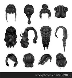Women hairstyle wigs false and natural hair pieces front and back view black icons collection isolated vector illustration . Women Wigs Hairstyle Back Icons Set