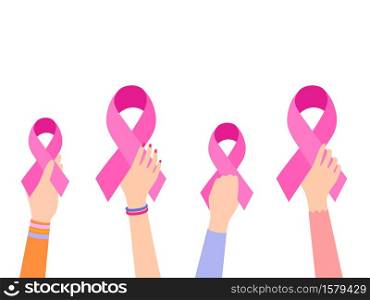 Women hand with pink ribbon symbol. Breast Cancer Awareness Month Campaign. Vector Illustration.