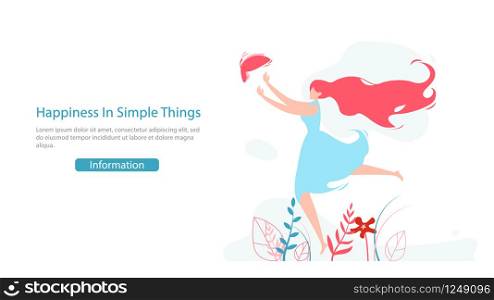 Women Happiness Psychology Course Flat Vector Web Banner with Happy Young Lady Running for Butterfly. Emotional Balance, Life Motivation. Positive Thinking, Open Ming Practice Landing Page Template