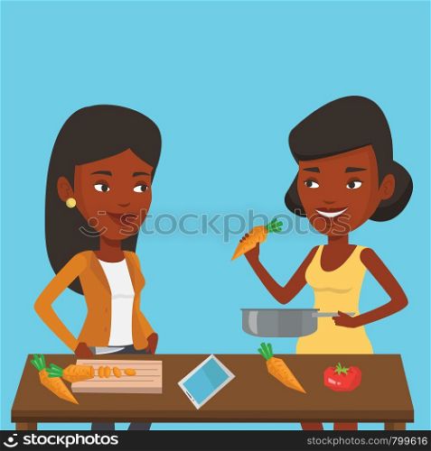 Women having fun cooking together healthy meal. Young smiling women preparing vegetable meal. African-american women cooking healthy vegetable meal. Vector flat design illustration. Square layout.. Women cooking healthy vegetable meal.