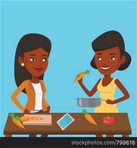 Women having fun cooking together healthy meal. Young smiling women preparing vegetable meal. African-american women cooking healthy vegetable meal. Vector flat design illustration. Square layout.. Women cooking healthy vegetable meal.