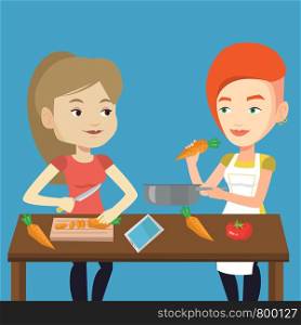 Women having fun cooking together healthy meal. Young smiling women preparing vegetable meal. Caucasian happy women cooking healthy vegetable meal. Vector flat design illustration. Square layout.. Women cooking healthy vegetable meal.
