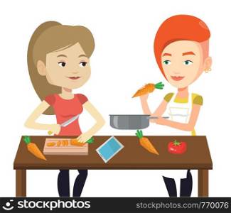 Women having fun cooking together healthy meal. Young women preparing vegetable meal. Caucasian happy women cooking healthy vegetable meal. Vector flat design illustration isolated on white background. Women cooking healthy vegetable meal.