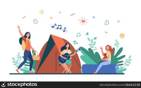 Women having rest and singing songs near tent. Trip, nature, leisure. Flat vector illustration. C&ing concept can be used for presentations, banner, website design, landing web page