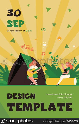 Women having rest and singing songs near tent. Trip, nature, leisure. Flat vector illustration. C&ing concept can be used for presentations, banner, website design, landing web page