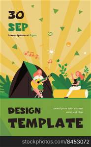 Women having rest and singing songs near tent. Trip, nature, leisure. Flat vector illustration. C&ing concept can be used for presentations, banner, website design, landing web page