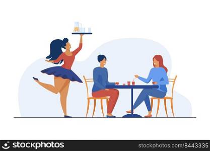 Women having rest at restaurant. Waitress, service, going out. Flat vector illustration. Restaurant, cafe concept can be used for presentations, banner, website design, landing web page