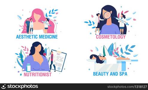 Women Health Care and Treatment People Scene Set. Cartoon Ladies and Doctors Cosmetologist, Nutritionist Consultation. Face Sking Beauty. Body Care and Relax. Aesthetic Medicine. Vector Illustration. Women Health Care and Treatment People Scene Set