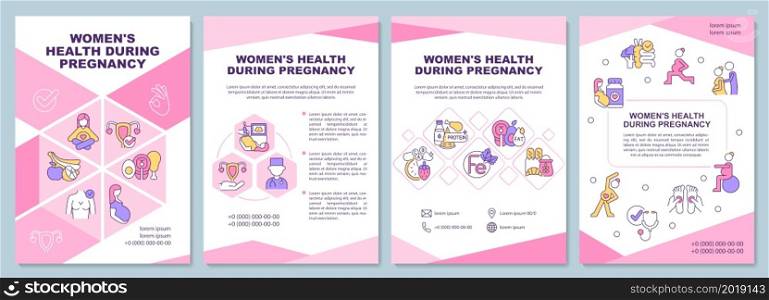 Women health during pregnancy brochure template. Exercises and diet. Flyer, booklet, leaflet print, cover design with linear icons. Vector layouts for presentation, annual reports, advertisement pages. Women health during pregnancy brochure template