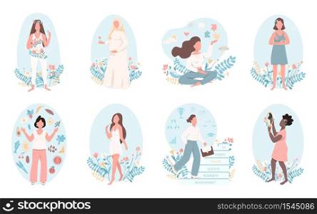 Women health flat color vector faceless character set. Mental wellbeing. Physical healthcare. Self love. Female wellness isolated cartoon illustration for web graphic design and animation collection. Women health flat color vector faceless character set