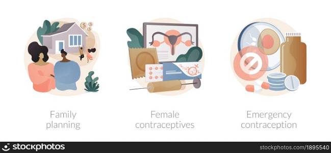 Women healthcare abstract concept vector illustration set. Family planning, female contraceptives, emergency contraception, reproductive health, fertility and pregnancy control abstract metaphor.. Women healthcare abstract concept vector illustrations.