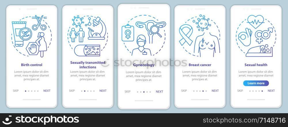 Women healthcare blue onboarding mobile app page screen vector template. Birth control, breast cancer, sexual health. Walkthrough website steps with icons. UX, UI, GUI smartphone interface concept