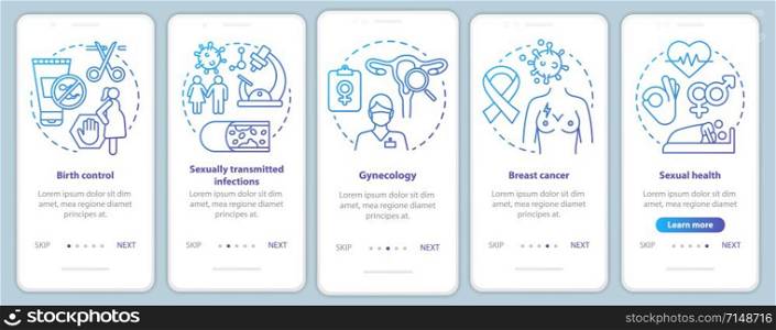 Women healthcare blue onboarding mobile app page screen vector template. Birth control, breast cancer, sexual health. Walkthrough website steps with icons. UX, UI, GUI smartphone interface concept