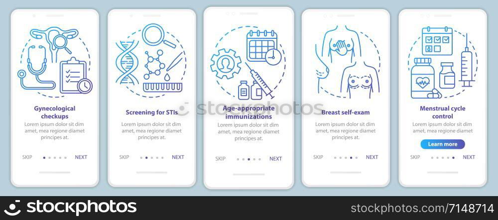 Women healthcare blue onboarding mobile app page screen vector template. Gynecological disease diagnosis and checkups. Walkthrough website steps. UX, UI, GUI smartphone interface concept