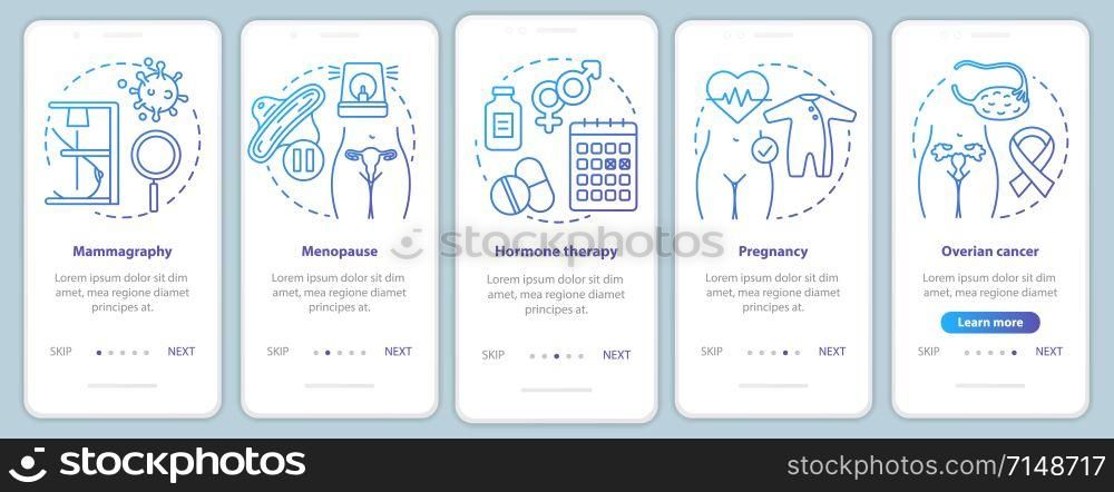 Women healthcare blue onboarding mobile app page screen vector template. Pregnancy, ovarian cancer, menopause. Walkthrough website steps with linear icons. UX, UI, GUI smartphone interface concept
