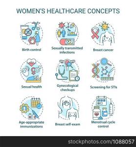 Women healthcare concepts icons set. Female medical treatment idea thin line illustrations. Checkups, screening, self exam. Menstruation, birth, STIs. Vector isolated outline drawings. Editable stroke