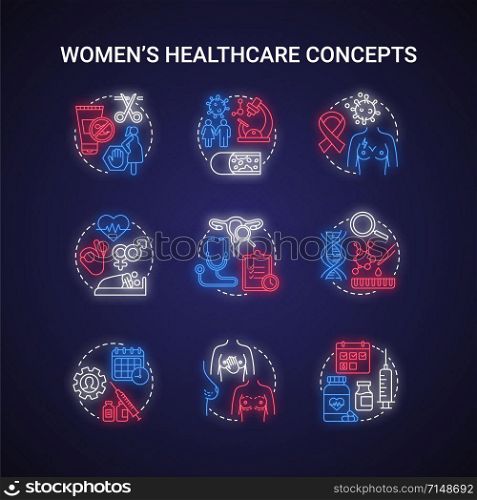 Women healthcare neon light concept icons set. Female medical treatment idea. Checkups, screening, self exam. Menstruation, birth control, STIs. Glowing vector isolated illustration
